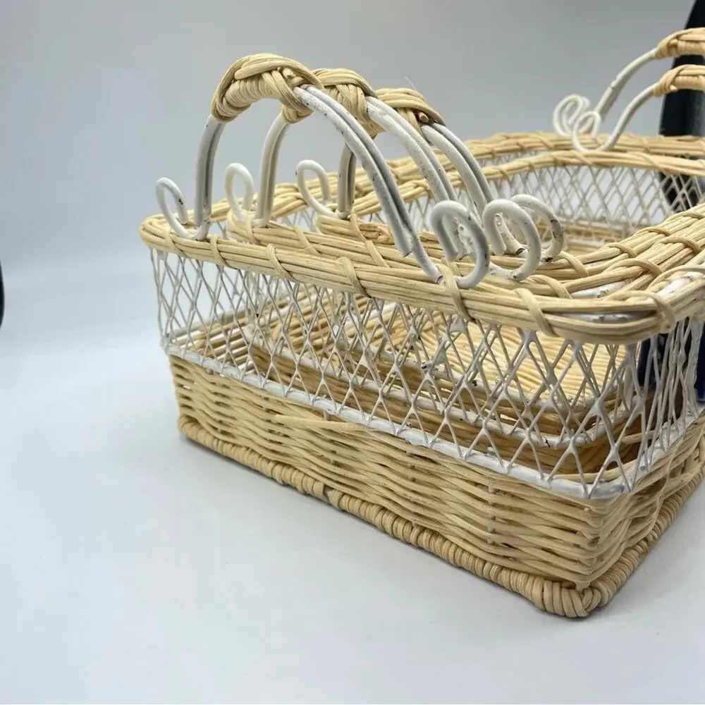 Vintage Three Piece Rectangle Woven Basket With Blue Porcelain Tile Accents